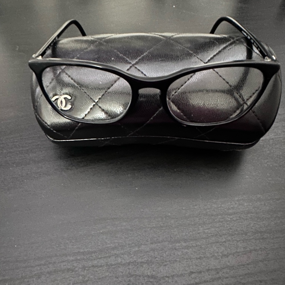 CHANEL Black Cat-Eye Optical Glasses with Silver CC Accent and leather cc case